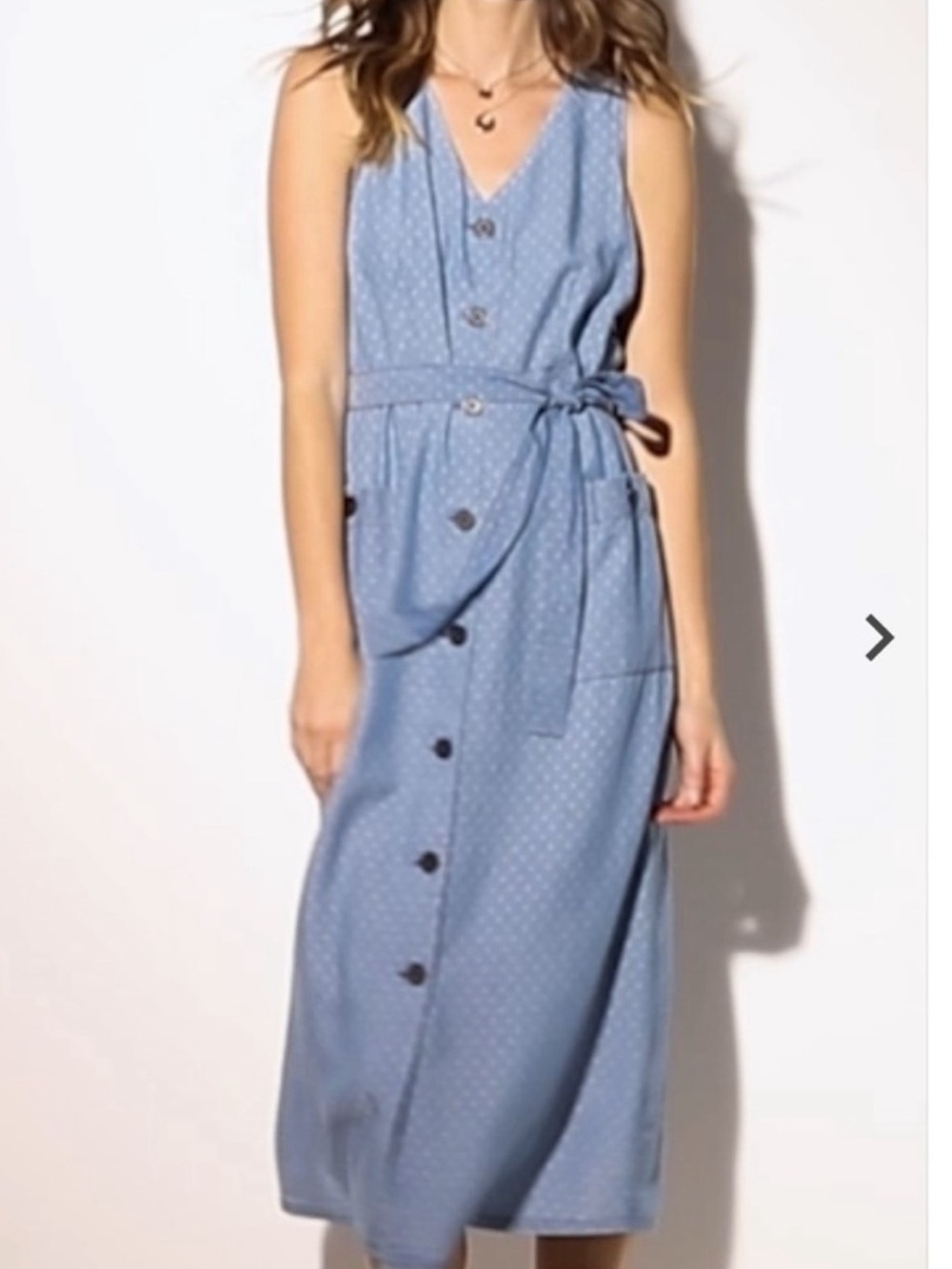 J. Jill Blue Sleeveless Button-Front denim Midi Dress with Tie Waist and pockets - Picture 1 of 8